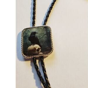 Skull and crow Halloween bolo tie, unique goth halloween bolo tie necklace
